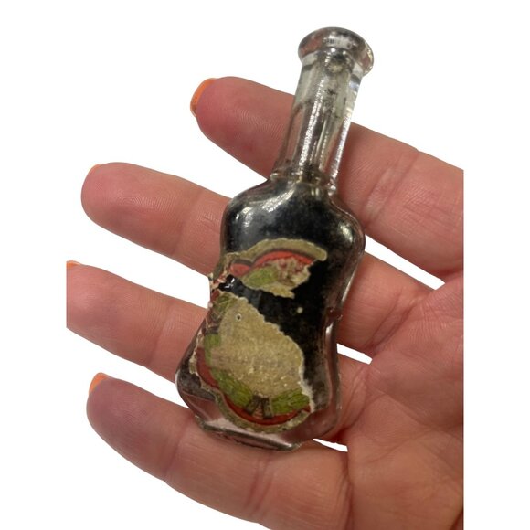Antique Miniature Perfume Glass Bottle With Vintage Label Design Full of Residue - Picture 1 of 9